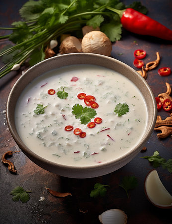 Photo of some Thai Coconut Soup drink elegantly plated on a tableの素材