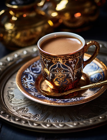Photo of some Turkish Coffee drink elegantly plated on a tableの素材
