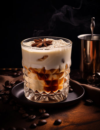 Photo of some White Russian drink elegantly plated on a tableの素材