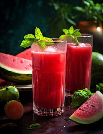 Photo of some Watermelon Juice drink elegantly plated on a tableの素材