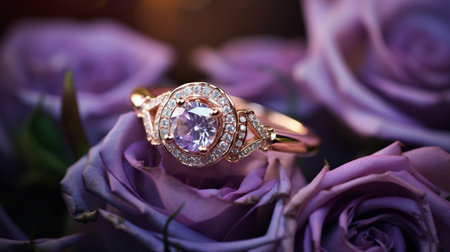 Photograph an elegant engagement ring featuring a radiant Amethyst nestled within a bed of rosesの素材