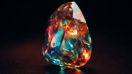 Photograph a mesmerizing close-up of a sparkling Opal held against a velvety black backgroundの素材