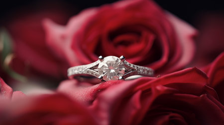 Photograph an elegant engagement ring featuring a radiant Diamond nestled within a bed of rosesの素材