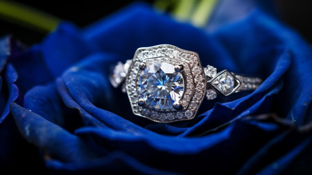 Photograph an elegant engagement ring featuring a radiant Sapphire nestled within a bed of rosesの素材