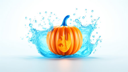 Pumpkin with splash water with a cool blue neon light wave patternの素材