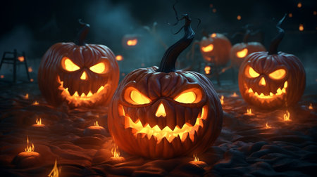 3D pumpkinds with angry expression with fire lights inside mouthの素材