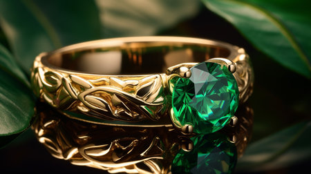 Photograph an elegant ring featuring a radiant Emerald on a jewelry box, symbolizing luxury and pricyの素材
