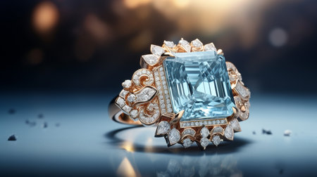 Photograph an elegant ring featuring a radiant Aquamarine on a jewelry box, symbolizing luxury and pricyの素材