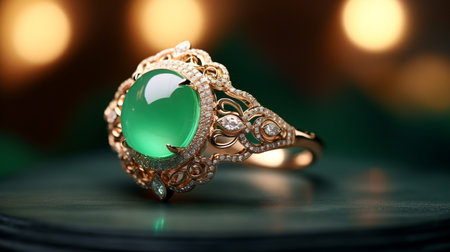Photograph an elegant ring featuring a radiant Jade on a jewelry box, symbolizing luxury and pricyの素材