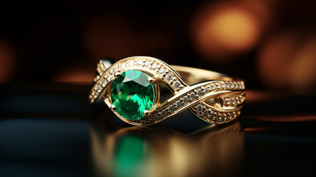 Photograph an elegant ring featuring a radiant Emerald on a jewelry box, symbolizing luxury and pricyの素材