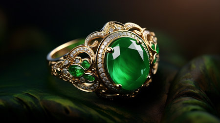Photograph an elegant ring featuring a radiant Jade on a jewelry box, symbolizing luxury and pricyの素材