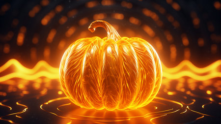 Pumpkin with a cool golden neon light wave patternの素材