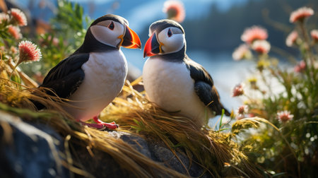 photo of heart-melting two Atlantic Puffins with an emphasis on expression of loveの素材