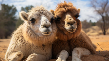 photo of heart-melting two Camels with an emphasis on expression of loveの素材
