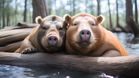 photo of heart-melting two Capybaras with an emphasis on expression of loveの素材