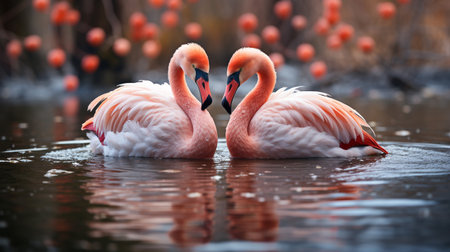 photo of heart-melting two Flamingos with an emphasis on expression of loveの素材