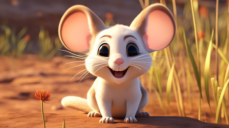 3D rendering of a cute white mouse in the grassland.の素材