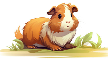 Illustration of a guinea pig sitting on a grass on a white backgroundの素材