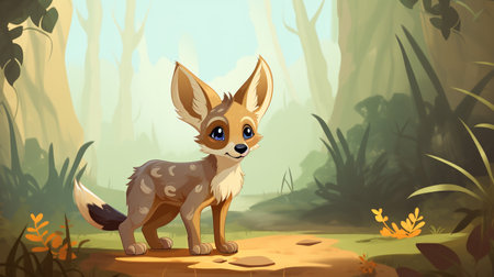 Illustration of a cute little fawn in the jungle. Cartoon style.の素材