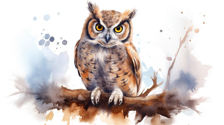 a cute little Great Horned Owl in watercolor styleの素材