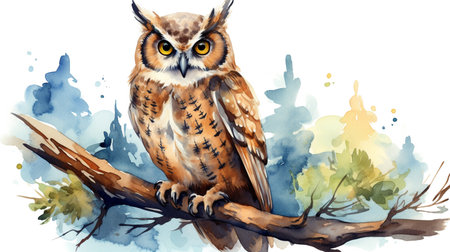 a cute little Great Horned Owl in watercolor styleの素材
