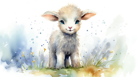a cute little Sheep in watercolor styleの素材