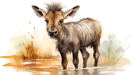 a cute little Wildebeest in watercolor styleの素材