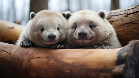 Couple of bear cubs lying on a log in the forestの素材
