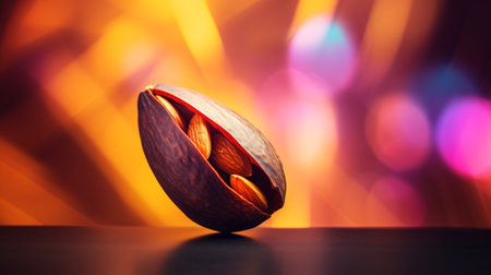 Photo of Almond fruit half against a colorful abstract backgroundの素材