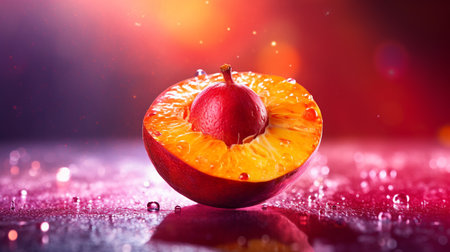 Photo of Ambarella fruit half against a colorful abstract backgroundの素材