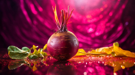 Photo of Beet fruit half against a colorful abstract backgroundの素材