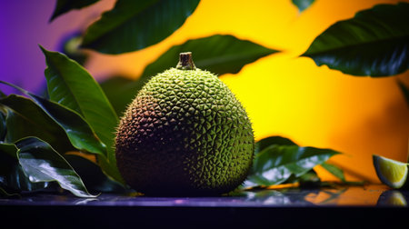 Photo of Breadfruit half against a colorful abstract backgroundの素材