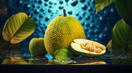 Photo of Breadfruit half against a colorful abstract backgroundの素材