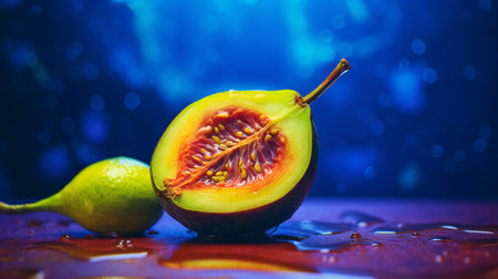 Photo of Casava fruit half against a colorful abstract backgroundの素材