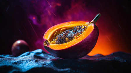 Photo of Duku fruit half against a colorful abstract backgroundの素材