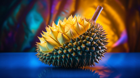 Photo of Durian fruit half against a colorful abstract backgroundの素材