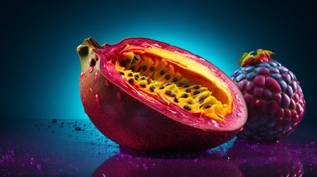 Photo of Chirimoya fruit half against a colorful abstract backgroundの素材