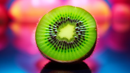 Photo of Kiwi fruit half against a colorful abstract backgroundの素材