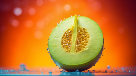 Photo of Honeydew fruit half against a colorful abstract backgroundの素材