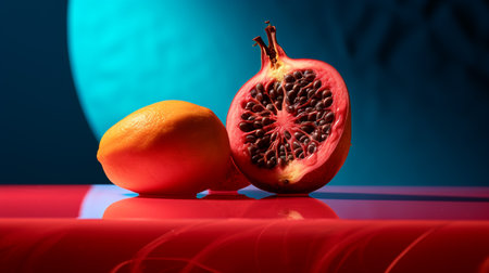 Photo of Gowok fruit half against a colorful abstract backgroundの素材