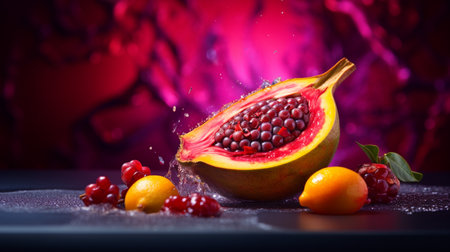 Photo of Jamblang fruit half against a colorful abstract backgroundの素材
