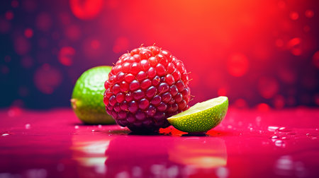 Photo of Lime berry fruit half against a colorful abstract backgroundの素材