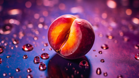 Photo of Japanese plum fruit half against a colorful abstract backgroundの素材
