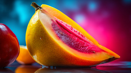 Photo of Mamoncillo fruit half against a colorful abstract backgroundの素材