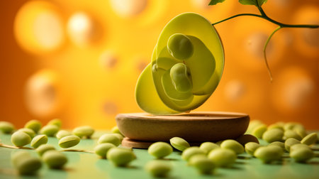 Photo of Moringa fruit half against a colorful abstract backgroundの素材