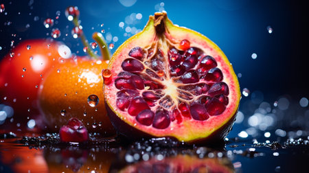 Photo of Erbis fruit half against a colorful abstract backgroundの素材