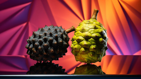 Photo of Noni fruit half against a colorful abstract backgroundの素材