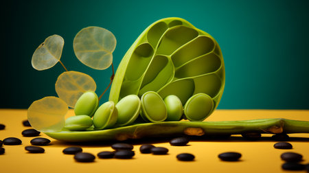 Photo of Moringa fruit half against a colorful abstract backgroundの素材