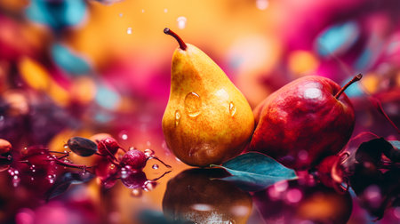 Photo of Pear fruit half against a colorful abstract backgroundの素材