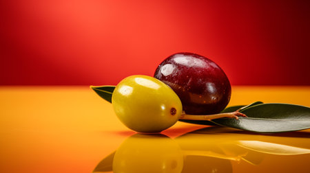 Photo of Olive fruit half against a colorful abstract backgroundの素材